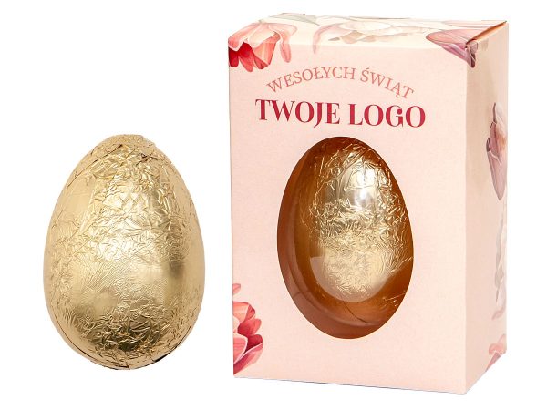 złote jajko czekoladowe wielkanocne z logo